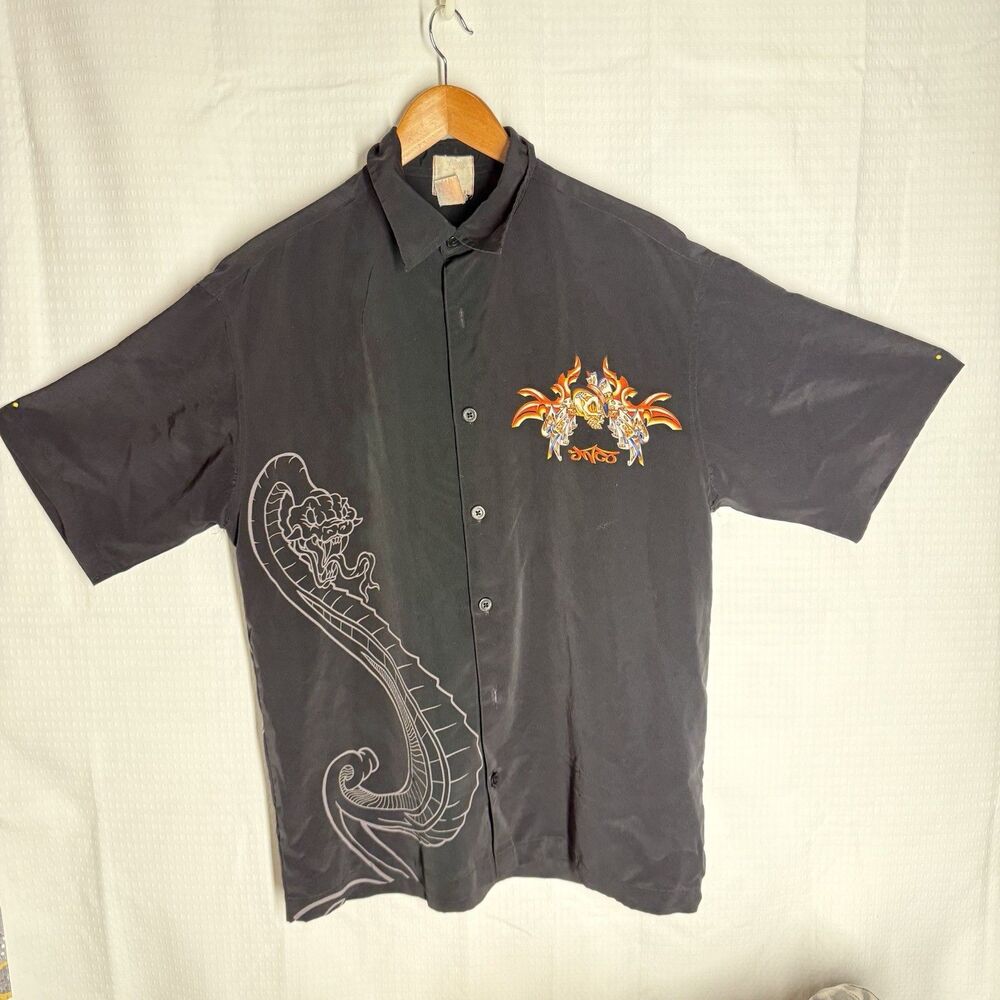 Jinco Jeans (M) Button Shirt Snake Skull Ace of Spade- call out- missing button